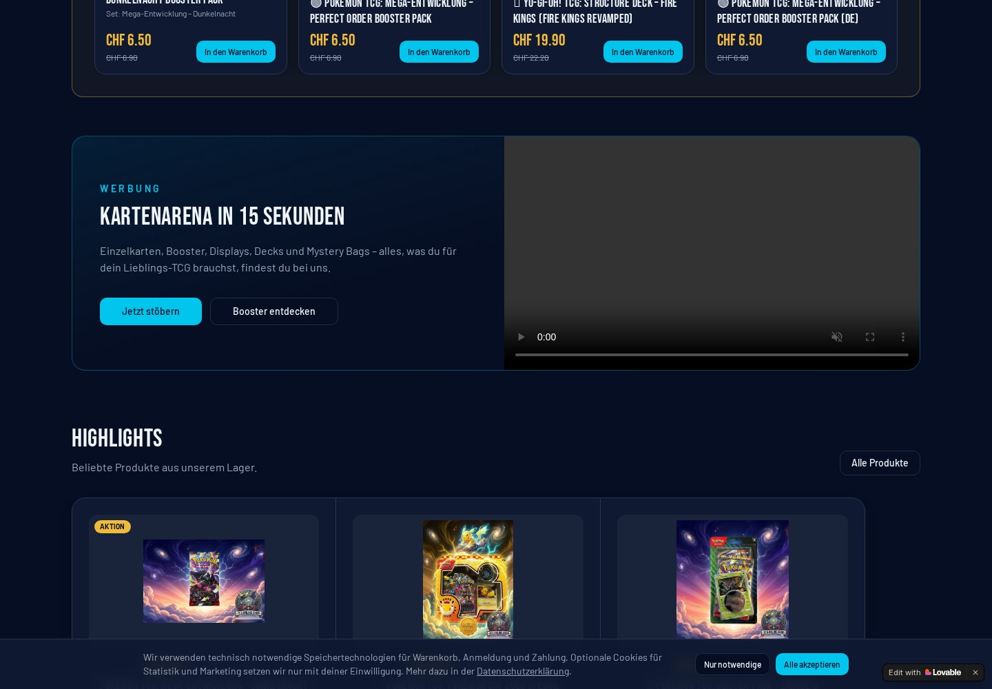 Produktübersicht mit Filtern und Preisen im Shop Kartenarena