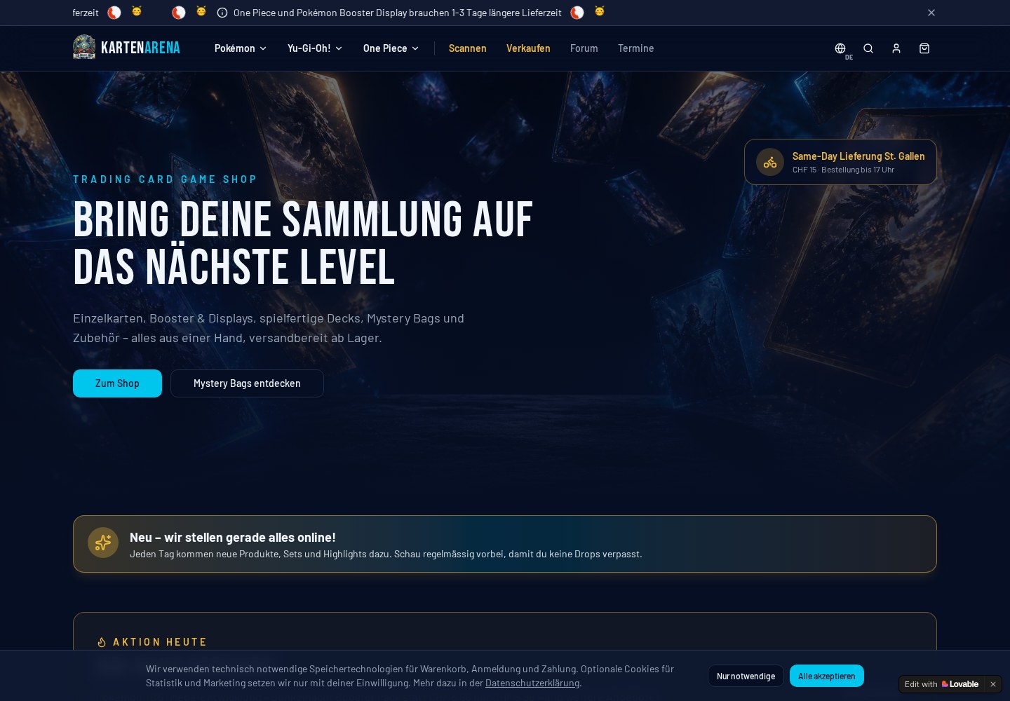 Startseite des Trading-Card-Shops Kartenarena mit Hero-Bereich und Aktionen