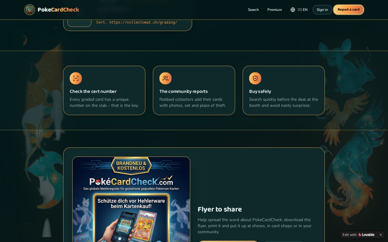 Funktionsübersicht und Inhaltsbereiche von PokeCardCheck.com