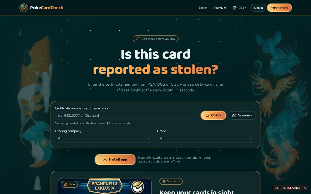Startseite von PokeCardCheck.com mit Suchfunktion für Zertifikatsnummern